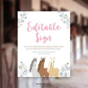 Floral Horse Birthday Sign, Editable Pony Party Decor (digital Download ...