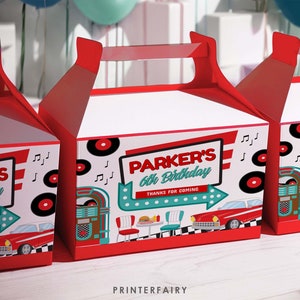 Diner Party Favor Box Label, Editable, Sock Hop Decorations, Midcentury 1950&#39;s Soda Shop Theme Party, Fifties American Diner, Retro Gable