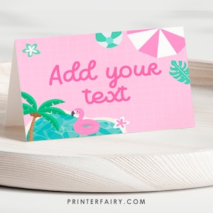 Tentes roses pour repas de fête à la piscine, modifiables, étiquettes de table de nourriture de fête d&#39;anniversaire roses, étiquette de nourriture d&#39;anniversaire à la piscine, décoration de table de fête d&#39;anniversaire fille