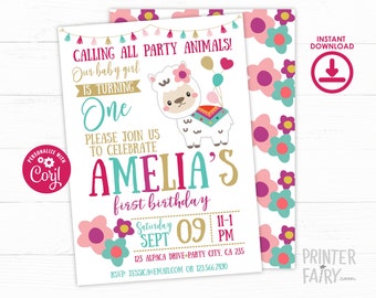 Llama Birthday Invitation, EDITABLE, Llama First Birthday Invitation, Alpaca Invitation, Animal Invitation, Llama birthday, INSTANT DOWNLOAD