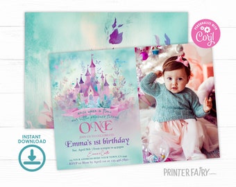 Princess First Birthday Invitation with Photo, Editable, Princess Castle Party Invitation, Once Upon a Time Girl Birthday Invite, Download