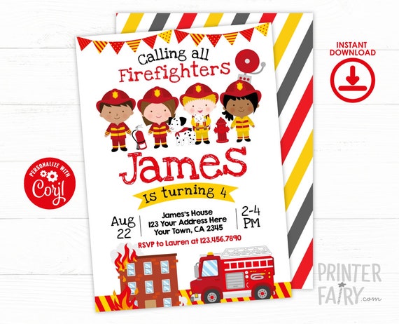 Firefighter Invitation, EDITABLE Fire fighter Birthday Party, Fireman Invitation, Firetruck Birthday Invitation, INSTANT DOWNLOAD Il_570xn