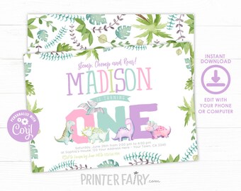 Dinosaur First Birthday Invitation, EDITABLE, Girl 1st Birthday Invitation, Dinosaur Birthday Party, Stomp Chomp and Roar,  INSTANT DOWNLOAD