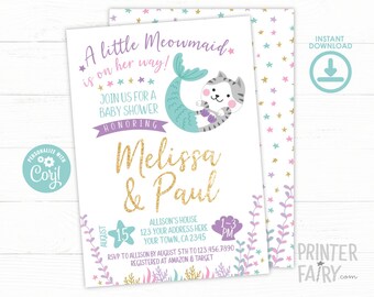 Meowmaid Baby Shower Invitation, Summer Baby Shower, EDITABLE Mermaid Baby Shower Invitation, Kitty Cat Baby Shower, INSTANT DOWNLOAD