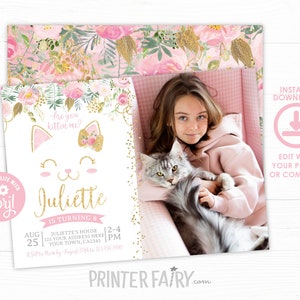 Floral Kitty Cat Birthday invitation with photo, EDITABLE Kitty Cat Birthday Party, Cat Invitation, Pawty Invitation, INSTANT DOWNLOAD
