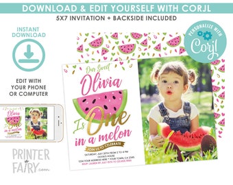 One in a Melon Invitation with Photo, EDITABLE Watermelon Invitation, One in a Melon First Birthday, EDIT YOURSELF, Instant Download