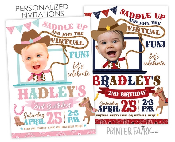 Cowboy Birthday, Cowgirl Invitation with Photo, Stay at Home, Social Distancing Party, Virtual Birthday Party, Horse Invitation, Pony Party Il_570xn
