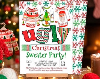 Ugly Sweater Christmas Party Invitation, Editable Template, Instant Download