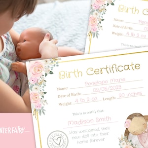 Doll Geboorteakte, BEWERKBARE Doll Adoptie Certificaat, Doll Verjaardagsfeestje, Floral Verjaardag, Afdrukbaar Cadeau, INSTANT DOWNLOAD