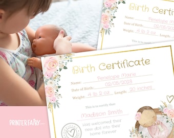 Doll Birth Certificate, EDITABLE Doll Adoption Certificate, Doll Birthday Party, Floral Birthday, Printable Gift, INSTANT DOWNLOAD