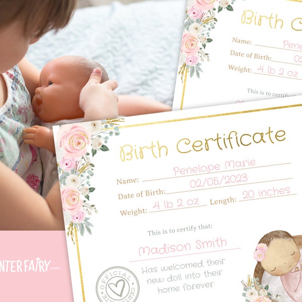 Doll Birth Certificate, EDITABLE Doll Adoption Certificate, Doll Birthday Party, Floral Birthday, Printable Gift, INSTANT DOWNLOAD
