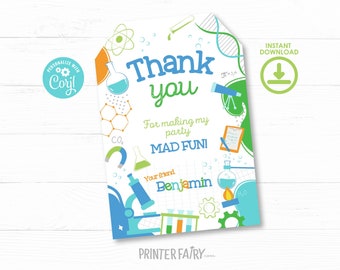 Science Birthday Party Favor Tag, EDITABLE Science Theme Party, Science Invitations, Science Party, Mad, Scientific Printable Thank You Tags