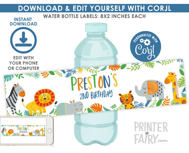 Jungle Water Bottle Labels EDITABLE Safari 1st Birthday Etsy