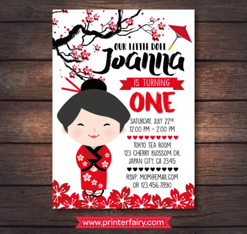 Kokeshi Doll Invitation, Japanese Doll Invitation, Kokeshi Doll Birthday Party, Japanese Tea Party Invitation, 2 options, DIGITAL image 3