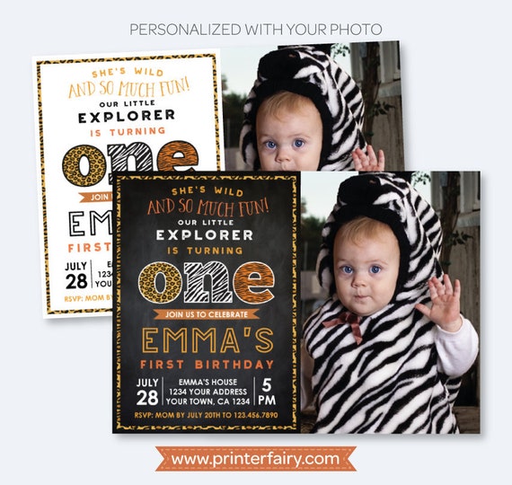 Safari First Birthday invitation with Photo, Animal Print Invite