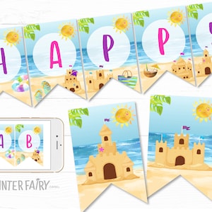 Banderín de fiesta de cumpleaños en la playa, editable, con castillo de arena, decoración para fiesta de cumpleaños de verano, banderín para fiesta de cumpleaños de playa para niña.