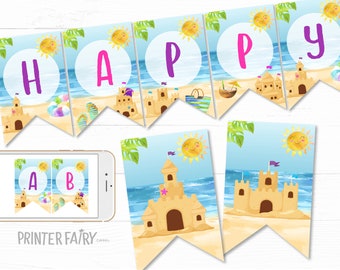 Beach Birthday Party Banner, Editable, Sand Castle Banner, Summer Birthday Party Decorations, Girl Beach Birthday Party Bunting Banner