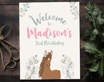 Floral Horse Birthday Party Welcome Sign, EDITABLE, Pony Birthday, Cowgirl Party, Horse Birthday Party Invitation, Instant Download