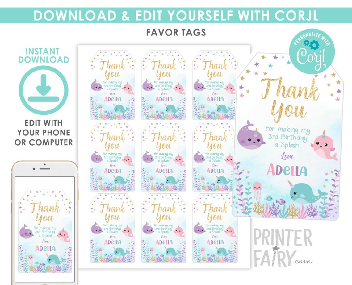 Narwhal Favor Tags EDITABLE Narwhal Birthday Party Under | Etsy