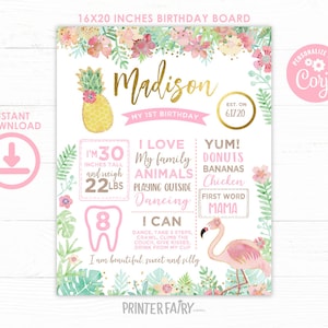 Flamingo First Birthday Board, EDITABLE, Pineapple 1st Birthday Sign, Tropical Birthday Party, Milestones Board, INSTANT DOWNLOAD
