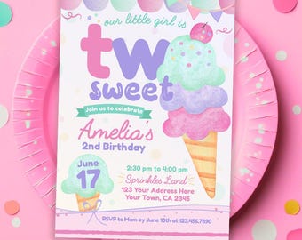 Ice Cream 2e verjaardagsuitnodiging bewerkbare sjabloon, TWEE zoete verjaardagsfeestje uitnodigen, Instant Download