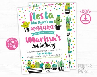 Cactus Birthday Invitation, Editable Invitation, Fiesta Birthday Party, Succulent Birthday Invitation, INSTANT DOWNLOAD