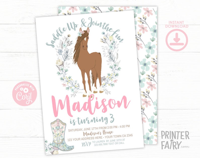 Horse Birthday Invitation, Cowgirl Invitation, Pony Party Invitation, Horse Invites, Floral Birthday Invitation, INSTANT DOWNLOAD image 4