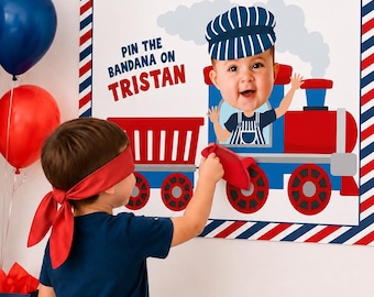 Train Birthday Party Game Personalized with Your Photo, Pin the Bandana on the Conductor, Printable Download