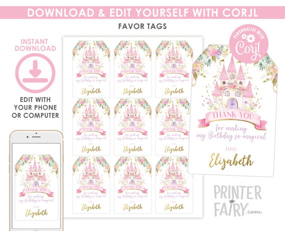 Princess Favor Tags, Editable, Princess Birthday Party, Castle Favor Tags, Princess Thank You Tags, EDIT YOURSELF, Instant Download Il_570xn