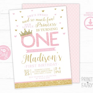 Princess 1st Birthday Invitation, EDITABLE Princess Invitation, Pink and Gold First Birthday Invitation, EDIT YOURSELF, Instant Download