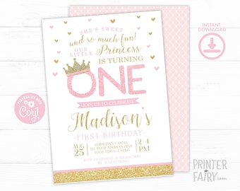 Invitation princesse 1er anniversaire, Invitation princesse modifiable, Invitation premier anniversaire rose et or, MODIFIER VOUS-MÊME, Téléchargement instantané