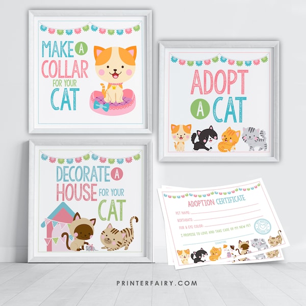 Pet Adoption Party Adopt a Cat Kitten Adoption Sign Cat Adoption Certificate Party Activities Birthday Decorations INSTANT DOWNLOAD