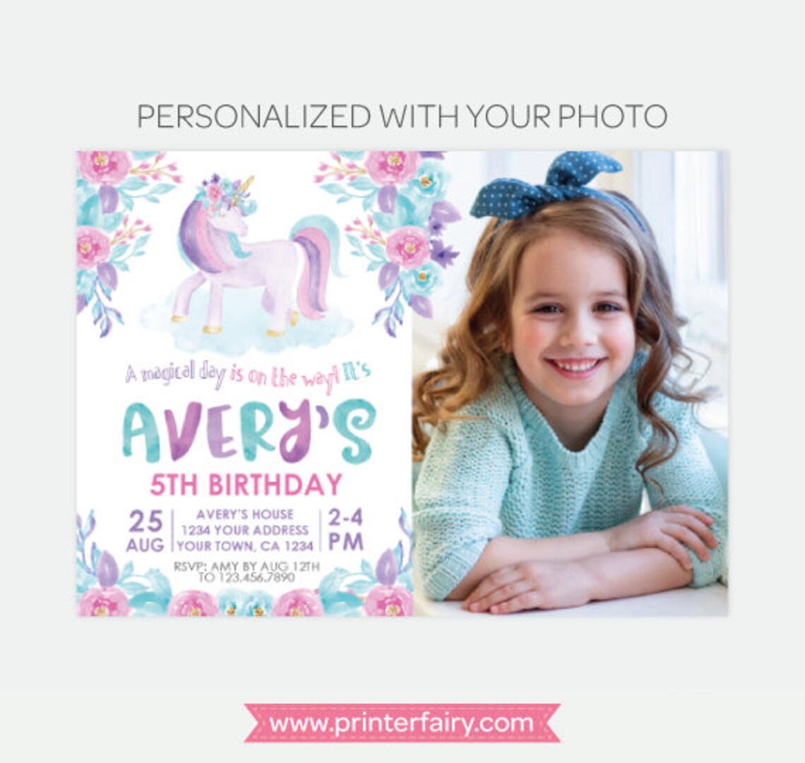Unicorn Floral Invitation With Photo Magical Birthday Party Etsy