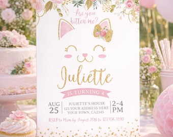 Floral Kitty Cat Birthday Invitation Editable Template for Any Age, Pawty Invite (Instant Download)