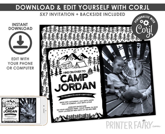 Camping Invitation with photo, EDITABLE, Summer Camp Party, Sleepover Invitation, Backyard Birthday Party, Black & White, INSTANT DOWNLOAD Il_570xn