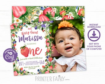 Berry First Birthday Invitation, EDITABLE, Sweet One, Berry Sweet Birthday, Blueberry Strawberry Invitation, INSTANT DOWNLOAD