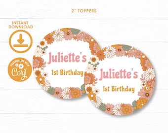 Hippie Floral Toppers, Groovy One Birthday, Two Groovy Birthday, Hippie Round Tags, Hippie Birthday Decorations, INSTANT DOWNLOAD