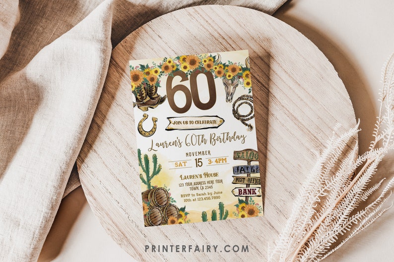 60th Cowgirl Birthday Bash: Rustic Wild West & Rodeo Invitation for Adults, Sixtieth Birthday Party Invite Template Editable in Corjl image 3