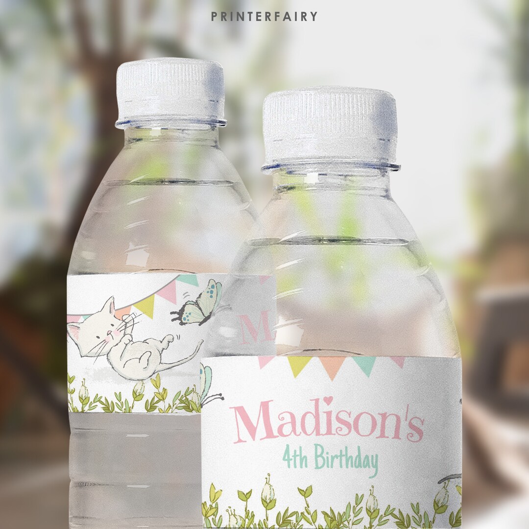 Kitty Cat Birthday Party Water Bottle Label, Editable, Kitten Garden ...