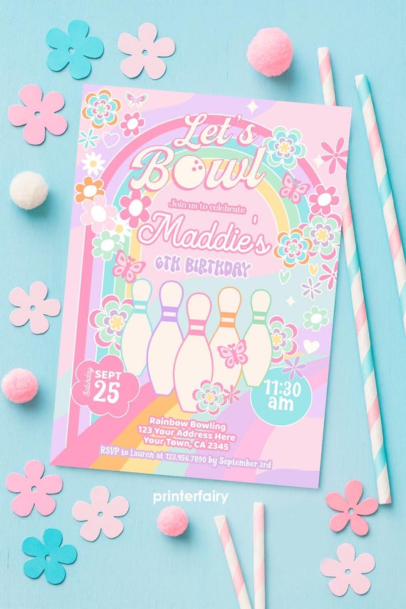 Bowling Birthday Party Invitation, Editable Template Rainbow Birthday, Arcade Party Invite, Instant Download