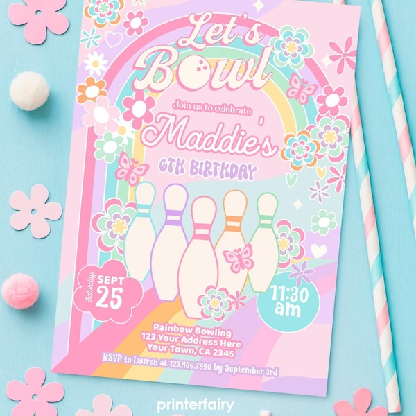 Rainbow Bowling Birthday Invitation, Editable Template (Digital Download)