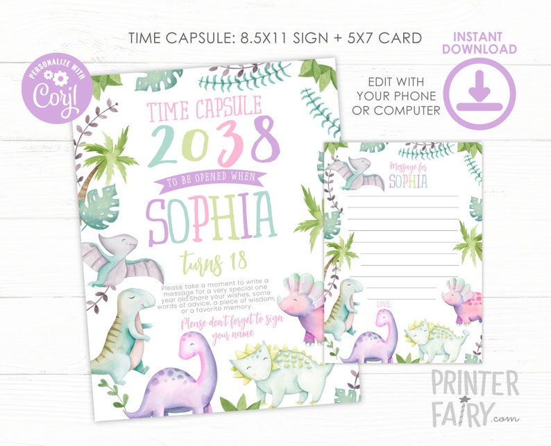 Dinosaur Time Capsule Sign, EDITABLE, Dinosaur First Birthday, Dinosaur Birthday Decorations, 1st Birthday Party, INSTANT DOWNLOAD image 1