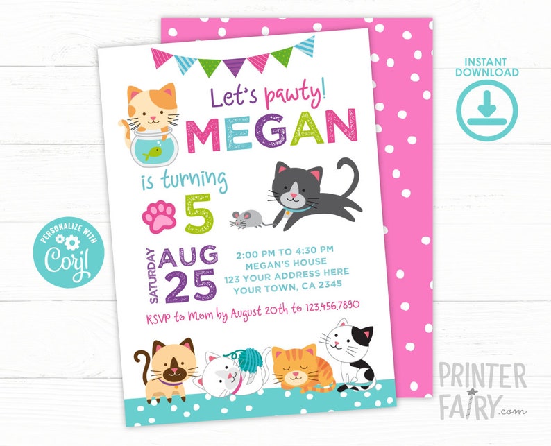 Kitty Cat Invitation, EDITABLE, Kitten Invitation, Cat Birthday, Pawty Invitation, Pet Adoption Party, INSTANT DOWNLOAD image 3