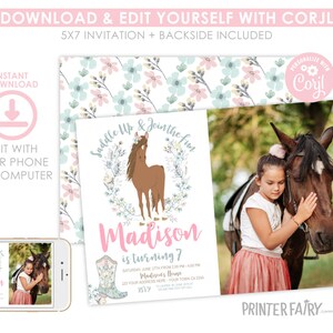 Horse Birthday Invitation with photo, Cowgirl Invitation, Pony Party Invitation, Horse Invites, Floral Birthday Invitation, INSTANT DOWNLOAD image 7