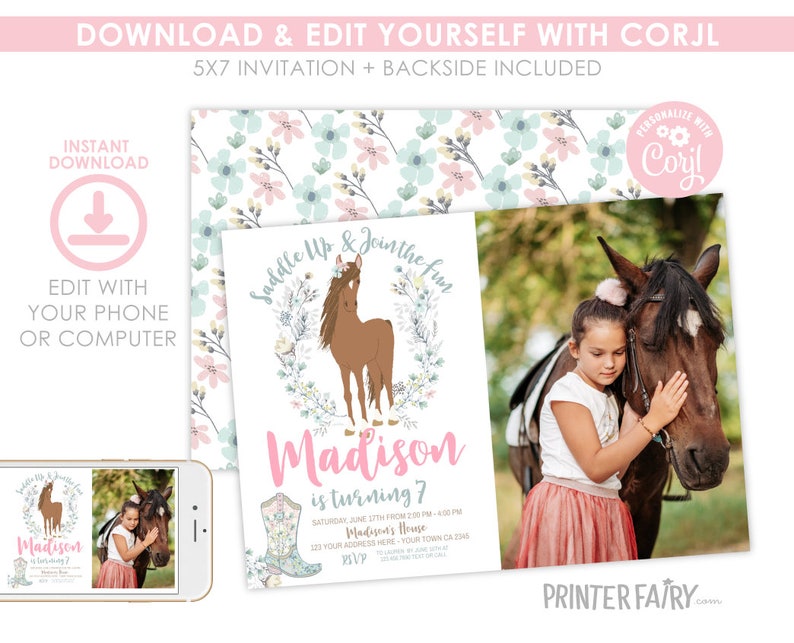 Horse Birthday Invitation with photo, Cowgirl Invitation, Pony Party Invitation, Horse Invites, Floral Birthday Invitation, INSTANT DOWNLOAD image 7