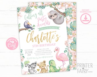 Safari Girl Invitation, EDITABLE, Sloth Invite, Jungle Invitation, Flamingo Birthday Invite, Toucan Invitation, Tropical, INSTANT DOWNLOAD