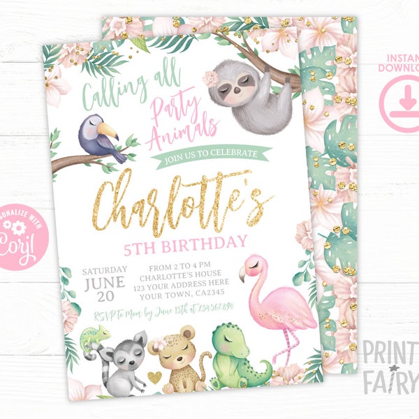 Safari Girl Invitation, EDITABLE, Sloth Invite, Jungle Invitation, Flamingo Birthday Invite, Toucan Invitation, Tropical, INSTANT DOWNLOAD