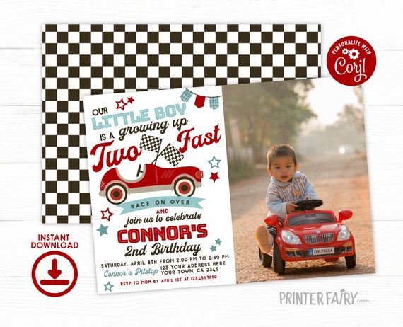 Editable Racing Car Birthday Invitation Growing Up Two Fast Invite