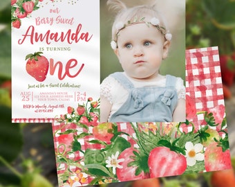 Strawberry First Birthday Invitation with photo, EDITABLE, Sweet One, Berry Sweet Birthday, Floral Invitation, INSTANT DOWNLOAD