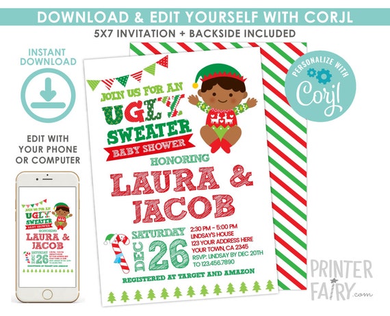 Ugly Sweater Baby Shower Invitation, EDITABLE, Christmas Baby Shower, Ugly Sweater Party Invitation, DIGITAL, Instant Download Il_570xn